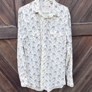Roper Men's Cream and Blue Floral Button Down Shirt L
